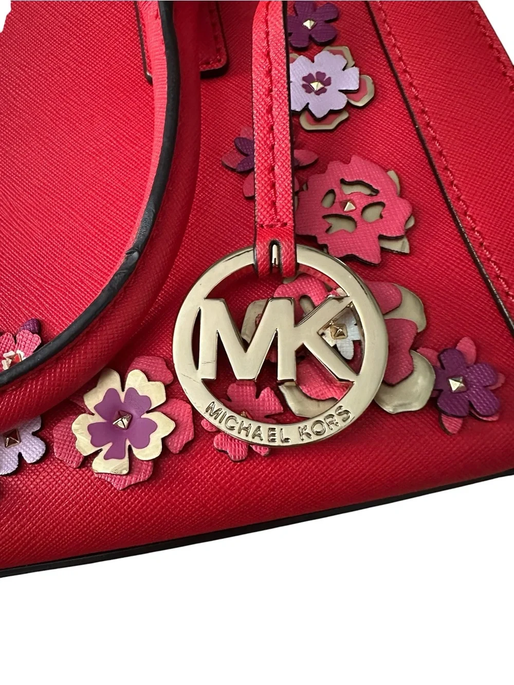 Michael Kors Red Saffiano Leather Colorful Floral Applique Satchel Tote Bag EUC